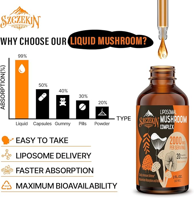 Liposomal Mushroom Complex Drops 2000 MG - 20 Organic Mushroom Extracts - Advanced Liquid Formula for Immunity, Cognitive and Memory - Lions Mane Supplement, Reishi, Cordyceps, Chaga, 180 Servings