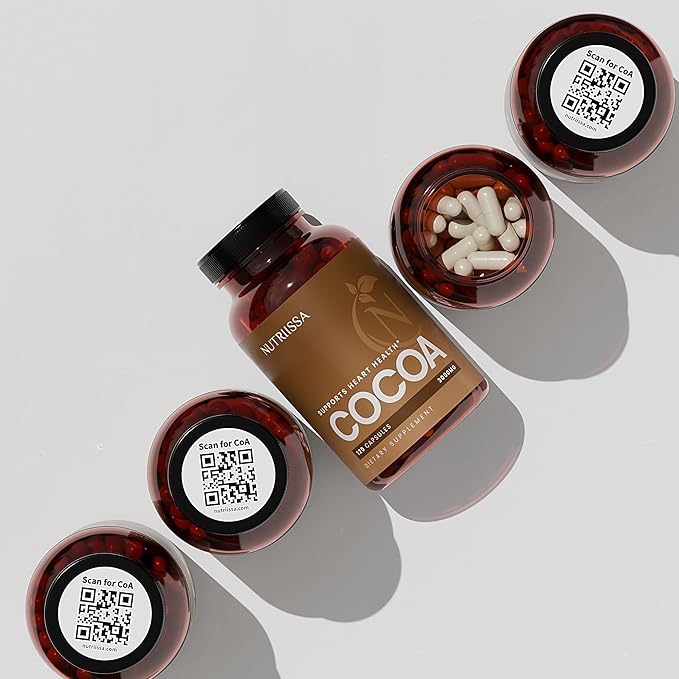 Nutriissa Cocoa Capsules 2000mg - Advanced Heart Health, Nitric Oxide & Circulation Support - 500mg Cocoa Flavanols per Serving - EPEB Certified for Purity & Potency - Vegan, 120 Capsules, 40 Servings