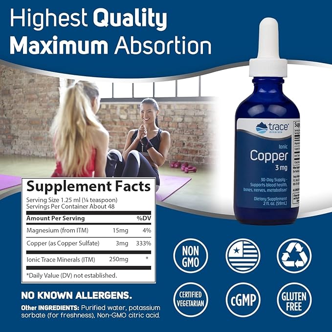 Trace Minerals Ionic Copper - Bone & Energy Support Supplement - Copper Supplement to Support Enzymatic Reactions - Liquid Supplement to Aid Healthy Connective Tissue - 2 fl oz (About 48 Servings)