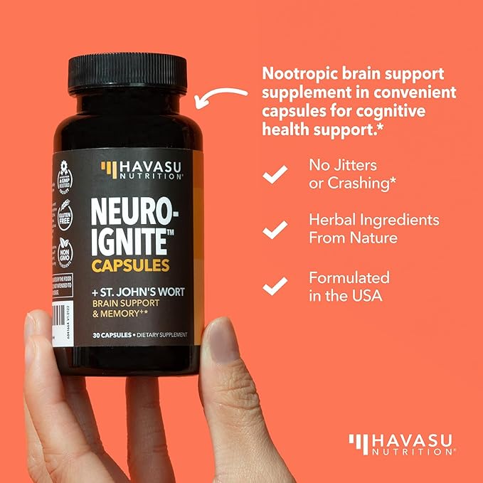 NeuroIGNITE Brain Supplement for Cognition - 30 Count - Cognitive Support with St. John's Wort, Ginkgo Biloba, Bacopa, Phosphatidylserine and Nootropics - Non-GMO Capsules, 1-Month Supply