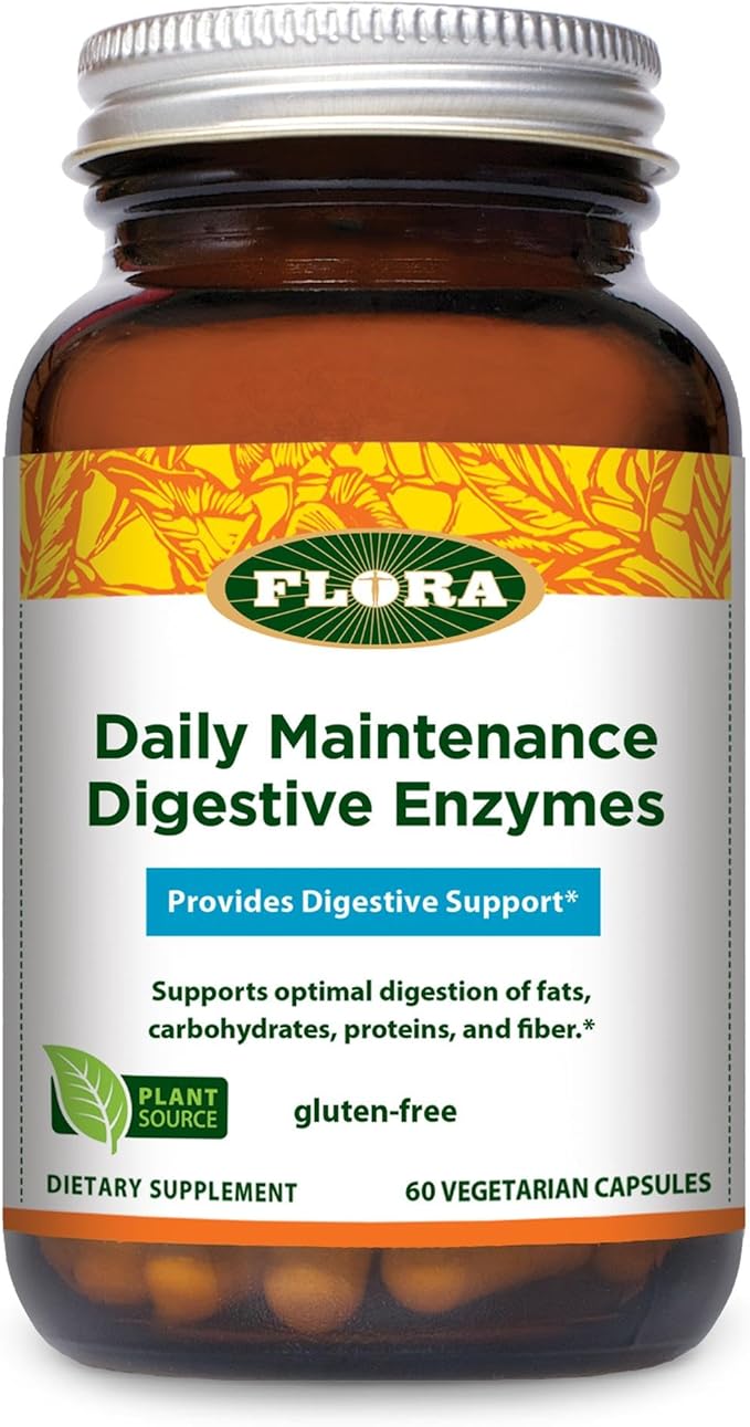 Flora Daily Maintenance Digestive Enzymes - Contains 7 Enzymes for Digestive Health Support - Aids Gas & Bloating - Non-GMO & Gluten-Free - 60 Vegetarian Capsules
