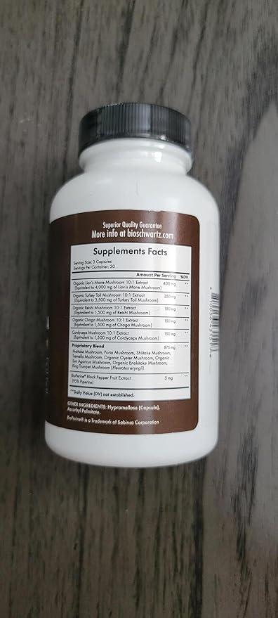 BioSchwartz Mushroom Complex - Organic Lions Mane Supplement Capsule with Reishi, Turkey Tail, Cordyceps, Shiitake, Chaga, Black Pepper for Max Absorption - Supports Energy, Focus, Memory, 90 Count