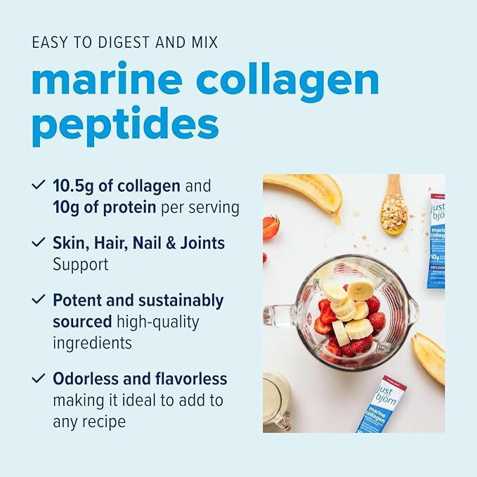 Just Bjorn Marine Collagen Peptides Powder On-The-Go Stick Packs - Collagen Powder for Women & Men - Skin, Hair, Nail & Joint Support - Hyaluronic Acid, Vitamin C, Amino Acids - Unflavored (10 Pack)