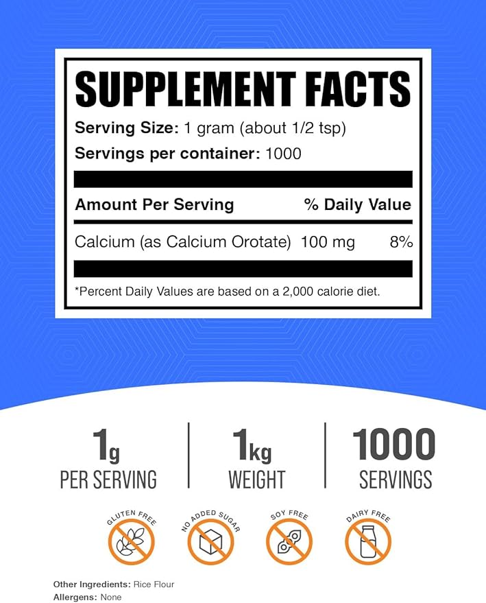 BulkSupplements.com Calcium Orotate Powder - Calcium Orotate Supplement, High Bioavailability - Unflavored & Gluten Free, 1g per Serving, 1kg (2.2 lbs) (Pack of 1)