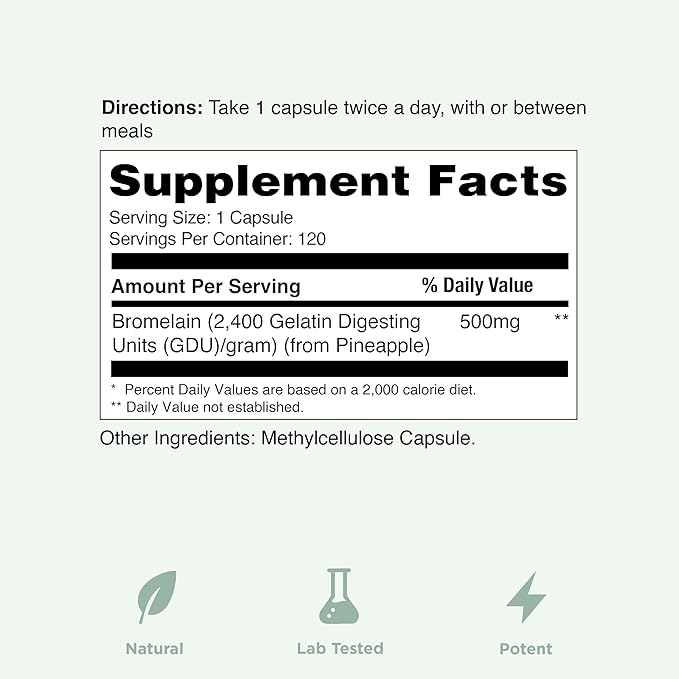 Yuve High Potency Bromelain 500mg 2400GDU Digestive Enzymes - Gut & Joint Health from Pineapple - Helps Digesting Proteins - Plant-Based, Non-GMO, 3rd Party Tested - 120 Capsules