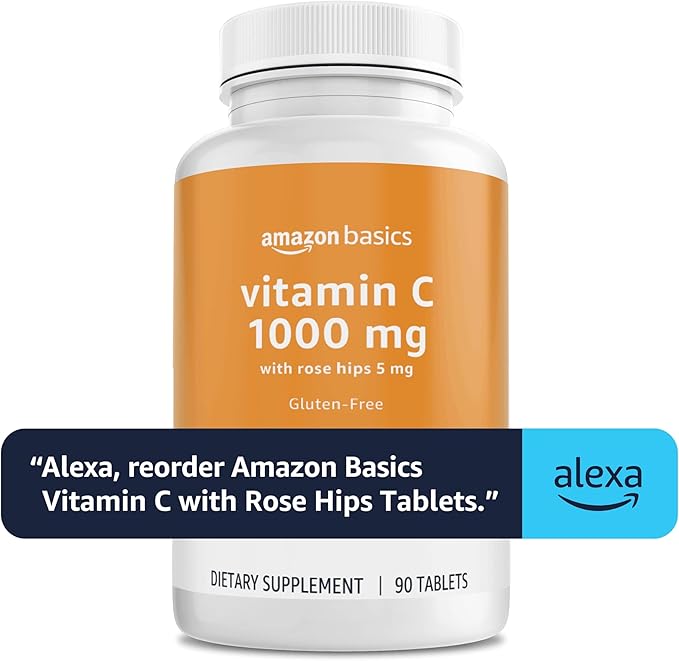 Amazon Basics Vitamin C 1000 mg with Rose HIPS 5mg, 90 Tablets (1 per Serving), Gluten Free (Pack of 2)