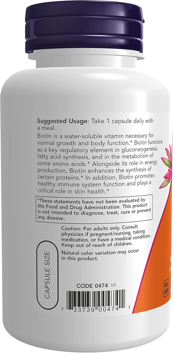 NOW Supplements, Biotin 5,000 mcg, Amino Acid Metabolism*, Energy Production*, 120 Veg Capsules (Pack of 2)