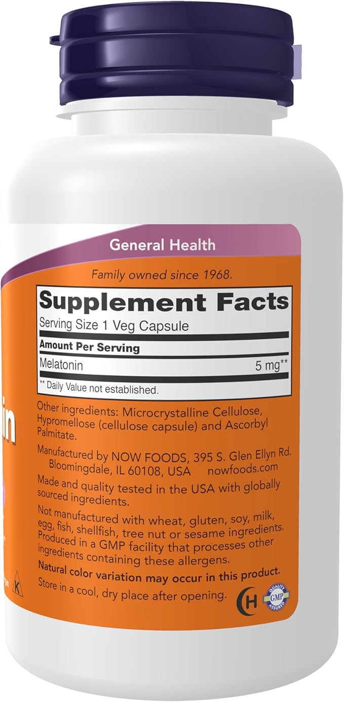 NOW Foods Supplements, Melatonin 5 mg, Free Radical Scavenger*, Healthy Sleep Cycle*, 180 Count (Pack of 1)