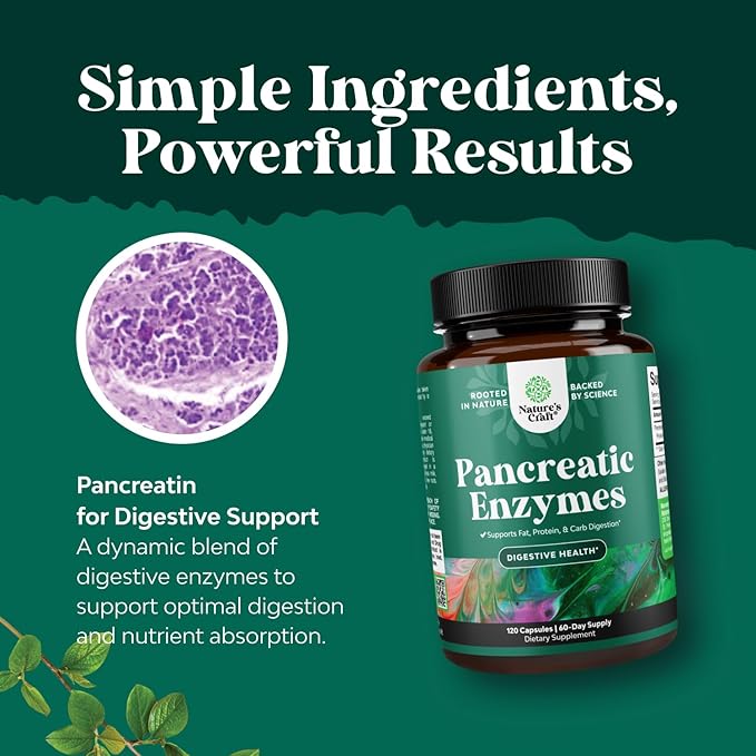 Natures Craft Pancreatin Digestive Enzymes for Digestive Health - Pancreatic Enzymes for Humans with Fat Carb and Protein Women and Men - Protease Amylase & Lipase Digestion -120ct