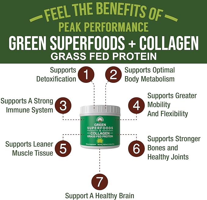 Greens Superfood + Grass Fed Collagen Peptides Powder - Ultimate Blend of Best Tasting Green Superfood with Pure Pasture Raised Hydrolyzed Protein Powder for Skin Hair + Joint Health