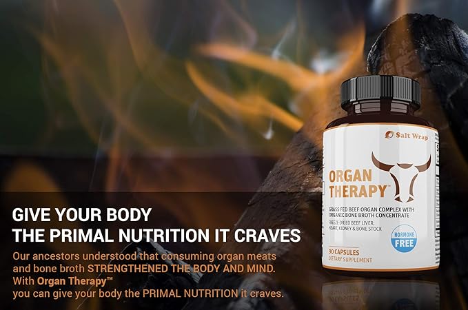 SaltWrap Organ Therapy - Grass Fed Beef Organ Meat Complex Supplement with Organic Bone Broth Concentrate (Beef Liver, Heart, Kidney and Bone Broth Capsules with BioPerine) Desiccated, 90 Capsules