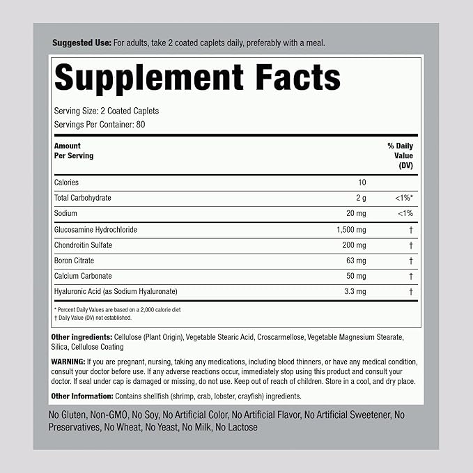 Piping Rock Glucosamine Chondroitin | 160 Caplets | with Hyaluronic Acid | Supplement for Women and Men | Advanced Formula | Non-GMO, Gluten Free
