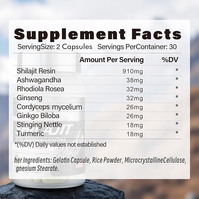 Shilajit for Men Women Pure Himalayan Shilajit Resin Containing Fulvic Acid, 8-in-1 with Ashwagandha Rhodiola Rosea Ginseng, Supports Energy Mental Clarity Focus, 120 Capsules / 2 Packs