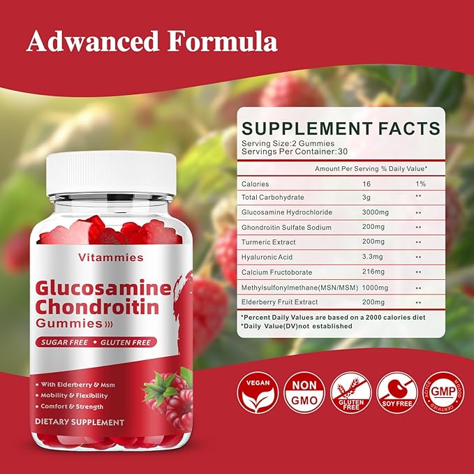 Glucosamine Chondroitin Gummies with MSM & Elderberry Extra Strength - Joint Support, Antioxidant Immune Support Supplement for Adults, Men & Women Minerals, coenzyme Q10, DHA - 60 Raspberry Gummies