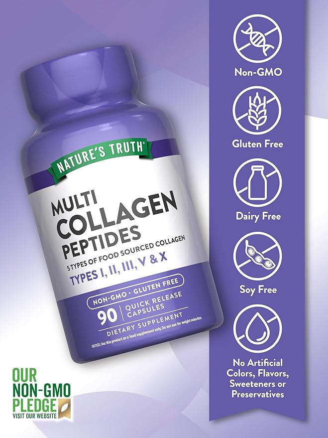 Nature's Truth Multi Collagen Peptides Capsules | Types I, II, III, V, X | 2000 mg | 90 Count | Keto Friendly | Non-GMO and Gluten Free Supplement