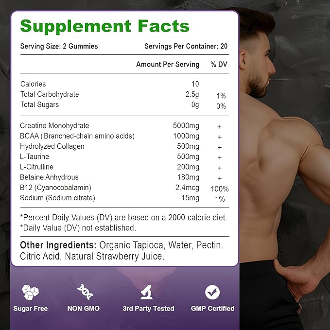 2 Pack Creatine Monohydrate Gummies for Women & Men, Sugar Free Vegan Creatine Supplement for Build Muscles, Increase Energy & Strength, Natural Strawberry Flavor, 120 Count