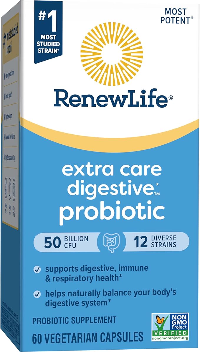 Renew Life Extra Care Digestive Probiotic Capsules, 50 Billion CFU Guaranteed, Daily Supplement Supports Immune, Digestive, Respiratory Health(1), L. Rhamnosus GG, Dairy, Soy and Gluten-Free, 60 Count