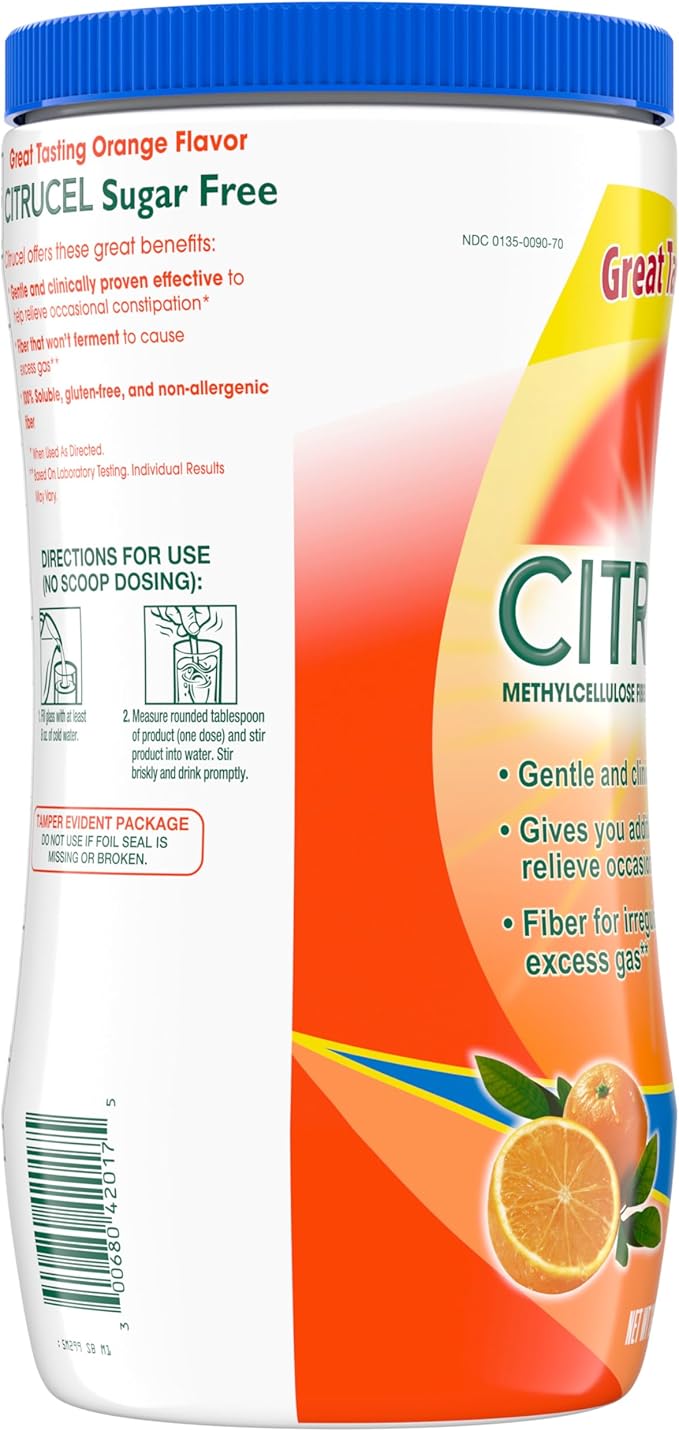 Citrucel Sugar Free Fiber Powder for Occasional Constipation Relief, Methylcellulose Fiber Powder, Orange Flavor - 16.9 Ounces