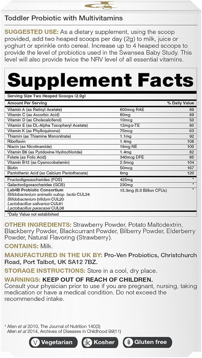 Toddler Probiotic with A-Z Multivitamins & Prebiotics for Ages 1-4 | 5 Billion CFUs | Supports Immune, Gut & General Health | Berry Flavor Powder | 30 Day Supply | Vegetarian & Gluten Free