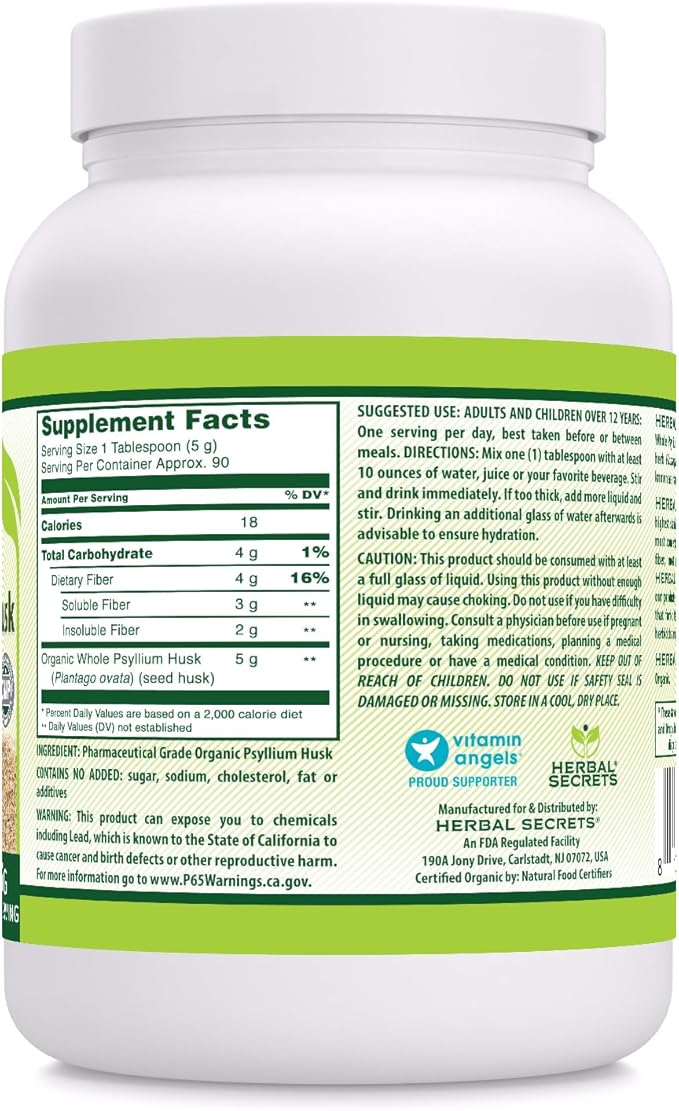 Herbal Secrets Whole Psyllium Husk Powder Supplement | 5 Grams per Serving | Non-GMO | Gluten-Free | Made in USA (16 Oz, Unflavored)
