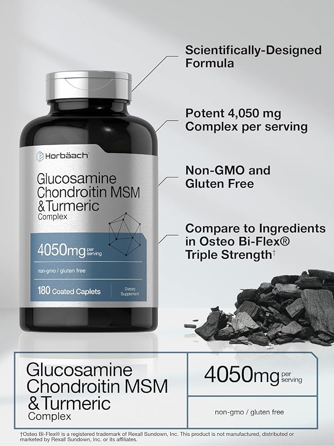Horbäach Glucosamine Chondroitin with Turmeric & MSM | 4050 mg | 180 Caplets | Triple Strength Formula | Non-GMO, Gluten Free