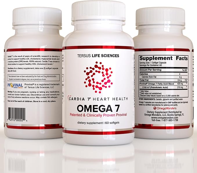 Cardia 7 Heart Health Omega 7 - Containing Patented Provinal Purified Omega 7 Fatty Acids - No Fish Smell or Burp-Back - 60ct Soft Gels