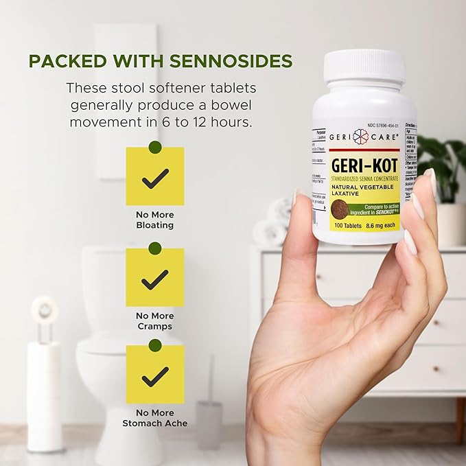 Geri-KOT Senna Laxative & Stool Softener Tablets, 100ct| Natural Vegetable Stimulant Laxative| Smooth Bowel Movement Senna Tablets| Fast-Acting, Gentle Constipation Relief| 8.6mg Sennosides Laxative