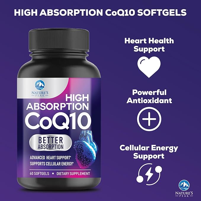 Co Q 10 Supplement - CoQ10 100mg Antioxidant, Heart Health Support & Energy Production - Coenzyme Q10 (Ubiquinone) Vitamins Increased Absorption, Gluten Free, Women & Men 2 Month Supply - 60 Softgels