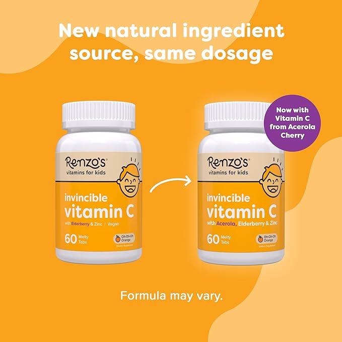 Renzo's Invincible Vitamin C for Kids with Elderberry and Zinc, Dissolvable Kids Vitamins for Immune Support, 60 Orange-Flavored Melty Tabs
