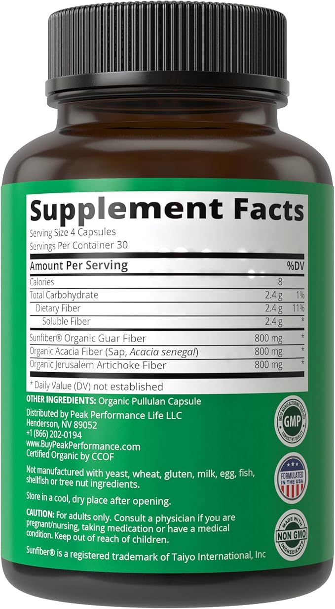 USDA Organic 3-in-1 Prebiotic Fiber - Vegan Capsules for Gut, Digestive Health. Raw Whole Food Plant Based Prebiotics Pills Supplement with Inulin (Jerusalem Artichoke), Acacia Fibers, SunFiber