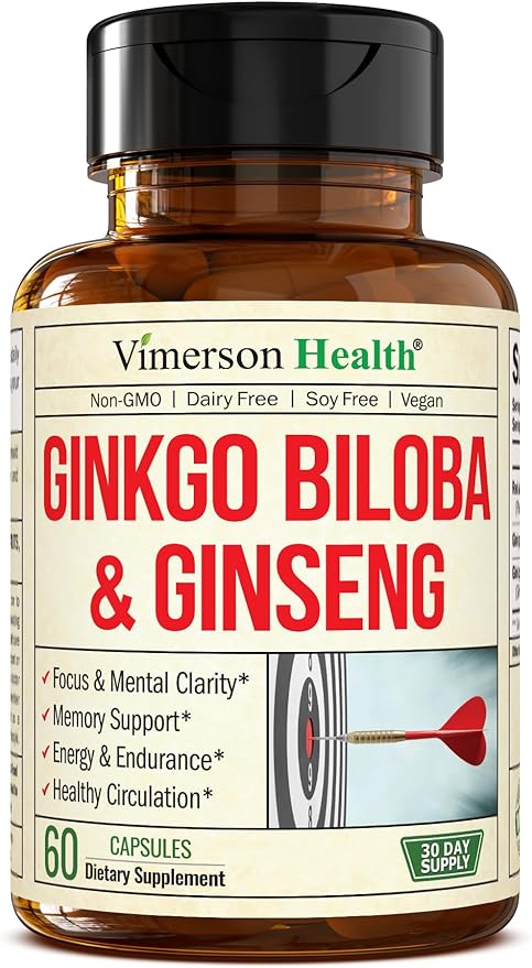 Ginseng Extract & Ginkgo Biloba Supplements - Extra Strength Nootropics Brain Support Supplement for Memory & Focus - Panax Ginseng Root 800mg + Gingko 600mg + Ginkgo Biloba 120mg Extract. 60 capsules
