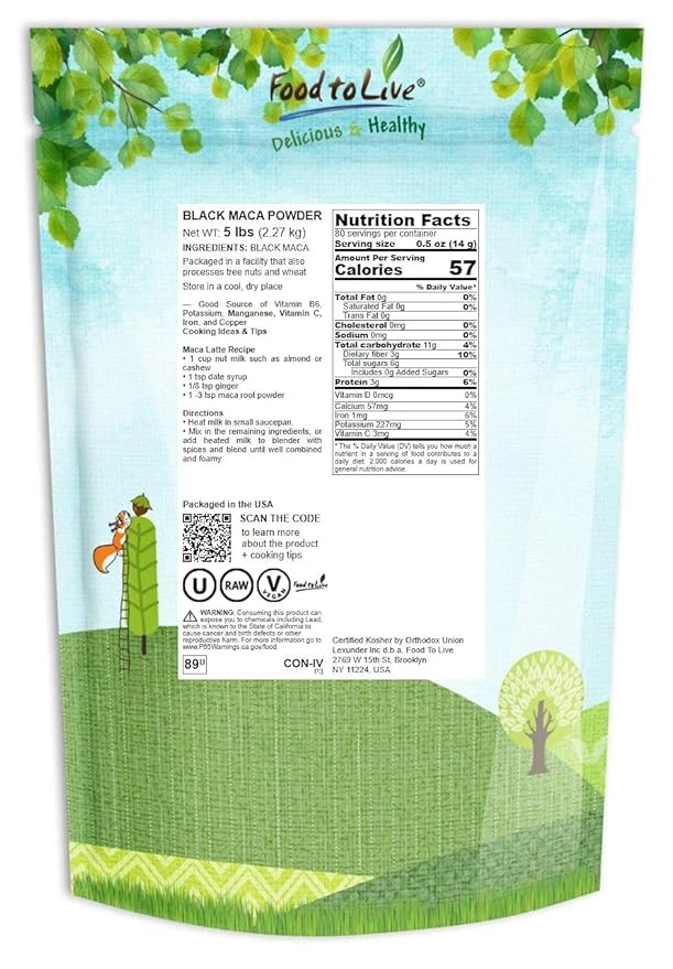 Food to Live - Black Maca Powder, 5 Pounds - Finely Ground Raw Dried Root, Kosher, Vegan, Non-Gelatinized Powder, Bulk