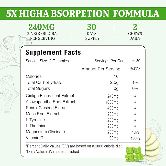 Ginkgo Biloba Gummies with Panax Ginseng for Better Mood and Focus, Booster Brain Health, 120 Vegan Apple Flavor Gummies