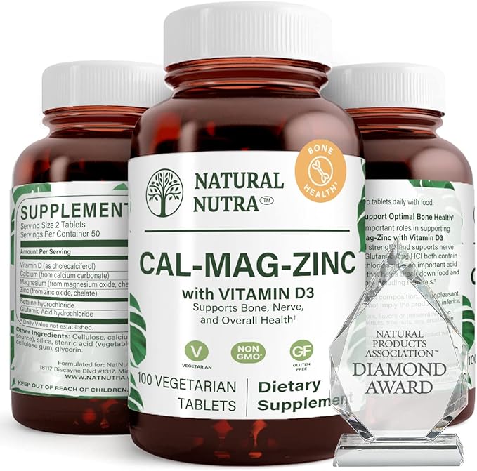 Natural Nutra Calcium Magnesium Zinc (Cal-Mag Zinc) Supplement with Vitamin D3 for Bone Strength, Helps Improve Digestion, Health Gluten Free and Sugar Free, Essential Mineral Complex (100 Count)