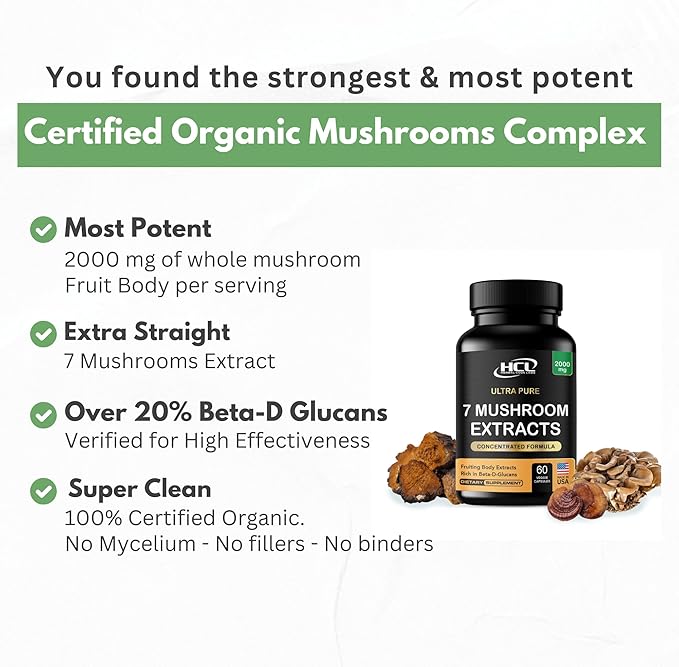 Organic Mushroom Supplement Extracts of Lions Mane Cordyceps Chaga Reishi Turkey Tail Maitake Shiitake Capsules - Natural Vitamins Minerals Antioxidants Supplement - Made in The USA