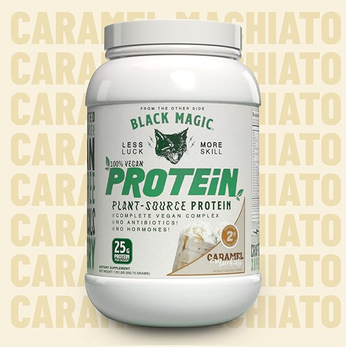 Worldwide Nutrition Bundle Compatible with Black Magic Multi-Source Protein Powder - Vegan Caramel Macchiato | High Protein Powder, Low Carb, Low Sugar | Whey, Egg & Casein Blend - 2 LB with Keychain