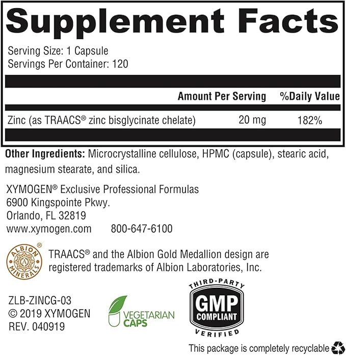 XYMOGEN Chelated Zinc Glycinate Supplements - 20mg Zinc Bisglycinate Chelate for Enhanced Absorption - Mineral Supplement for Reproductive + Immune Support (120 Vegan Capsules)