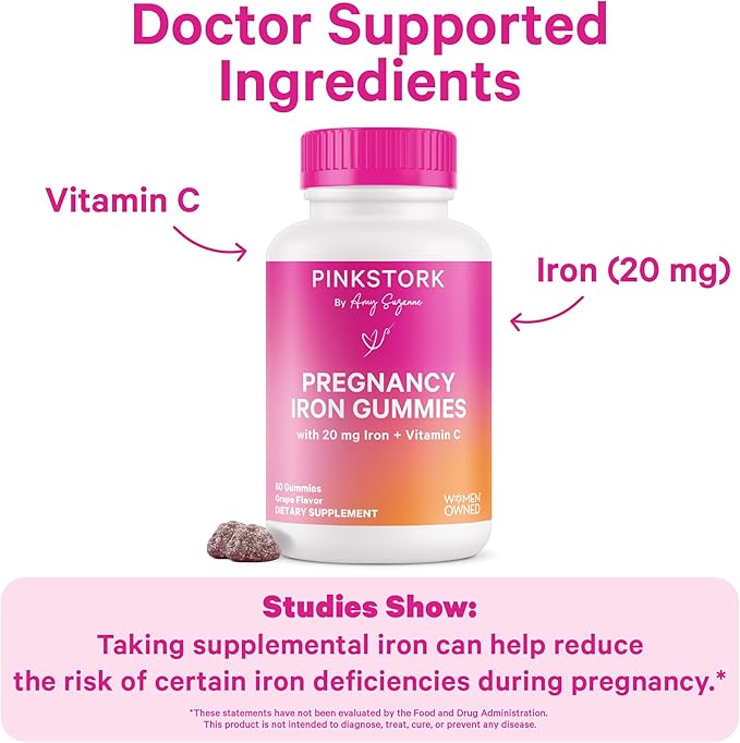Pink Stork Prenatal Iron Supplement Gummies for Women - 20 mg with Vitamin C - Grape Chewable for Deficiency, Energy, & Blood Builder - 60 Gummy Chews