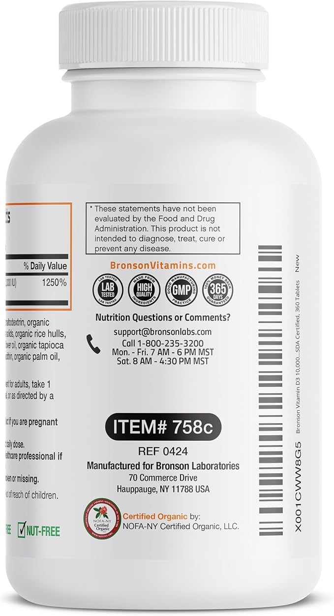 Bronson Vitamin D3 10,000 IU (250 mcg) Certified Organic High Potency Non-GMO Vitamin D Supplement, 360 Tablets