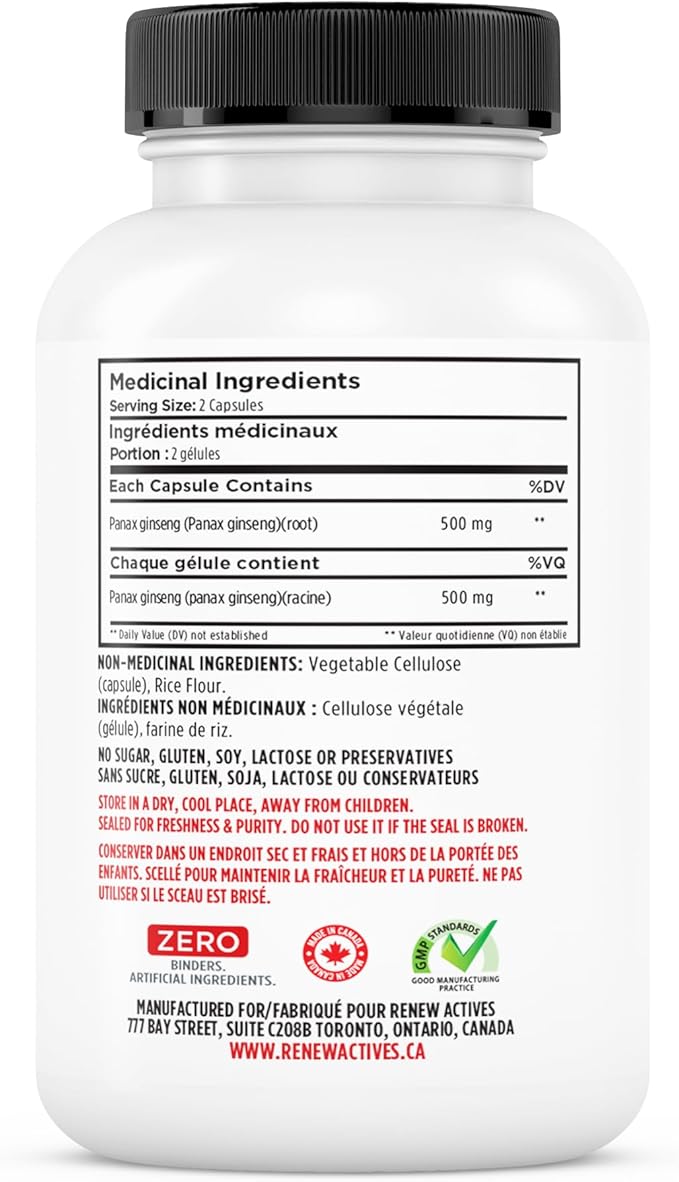 RENEW ACTIVES Panax Ginseng 1000MG per 2 Capsules – Boosts Physical & Cognitive Health, Enhances Energy, Supports Mental Clarity & Focus, Promotes Performance & Vitality – Made in Canada – 60 Capsules