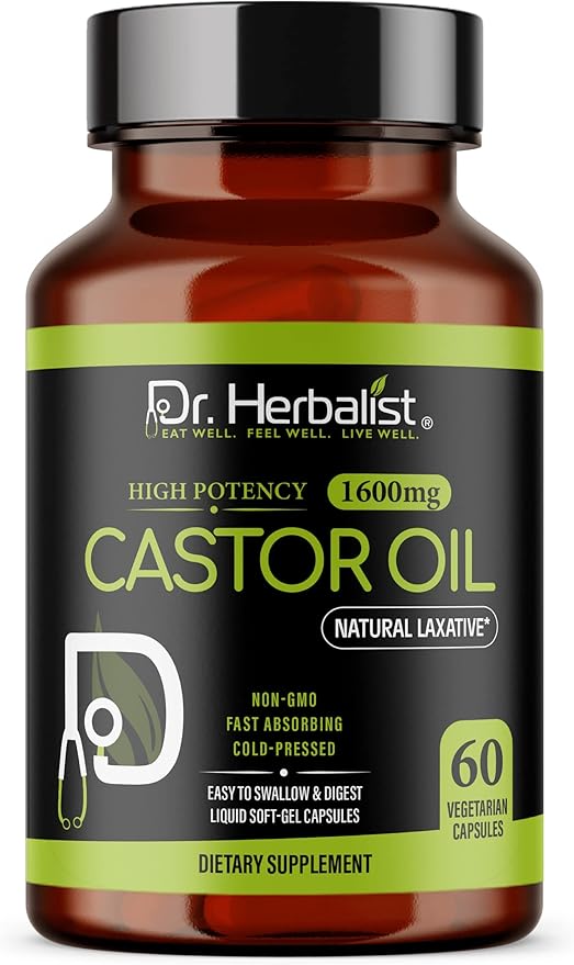 Dr. HERBALIST Castor Oil Capsules - 1600mg per Serving, 60 Count - Non-GMO, Fast-Absorbing, Vegetarian, Cold-Pressed, and High Potency - Supports Skin, Hair, Natural Laxatives and Digestive Health
