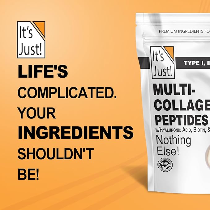 It's Just! - Multi Collagen Peptides, (20oz) Protein Powder, Type I, II, III, V, X w/Biotin, Hyaluronic Acid, Vitamin C - Easy Mixing, Non-GMO, Unflavored, 1.25lb