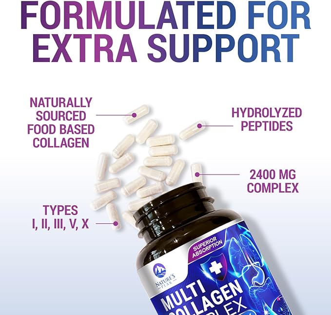 Collagen Peptides for Women & Men - Multi Collagen Supplement for Hair, Nail, Skin, Bone and Joint Support, Type I, II, III, V, X, Grass Fed Hydrolyzed Powder Pills, Non-GMO - 60 Capsules