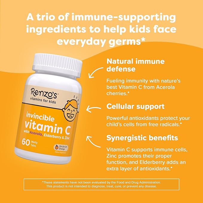 Renzo's Invincible Vitamin C for Kids with Elderberry and Zinc, Dissolvable Kids Vitamins for Immune Support, 60 Orange-Flavored Melty Tabs