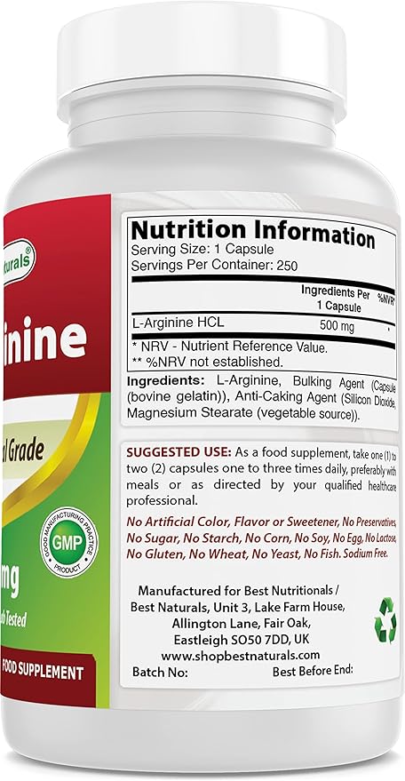 Best Naturals L-Arginine 500mg 250 Capsules - Pharmaceutical Grade L Arginine supplement promotes nitric oxide synthesis