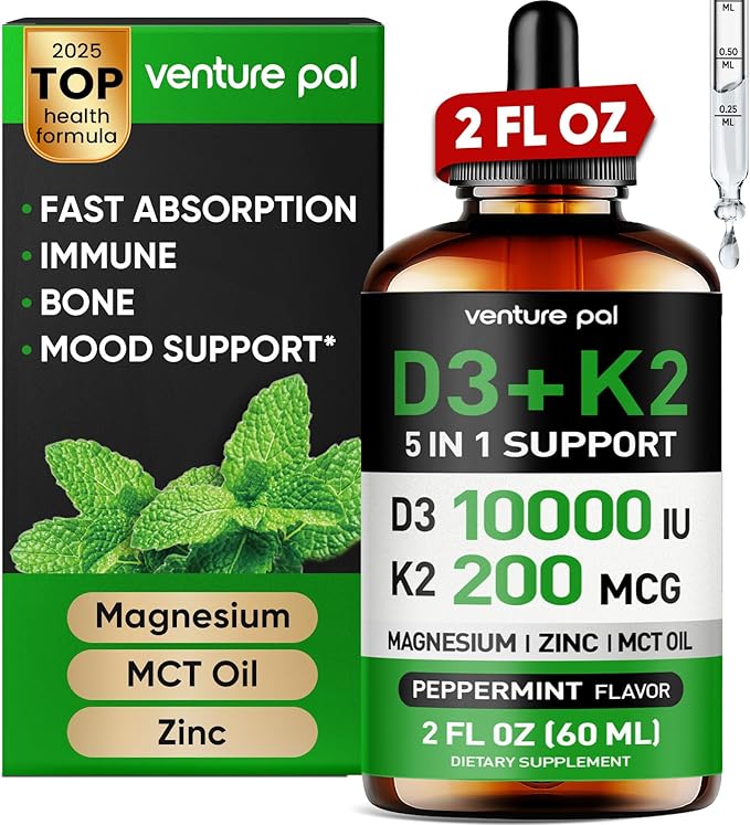 Venture Pal Vitamin D3 10000 iu Plus K2 (MK-7) 200 mcg Liquid Drops, Magnesium & Zinc MCT Oil | for Bone, Mood & Immune Health | High Absorption VIT K2 D3 Vitamin Supplement(Mint,2 Fl Oz)