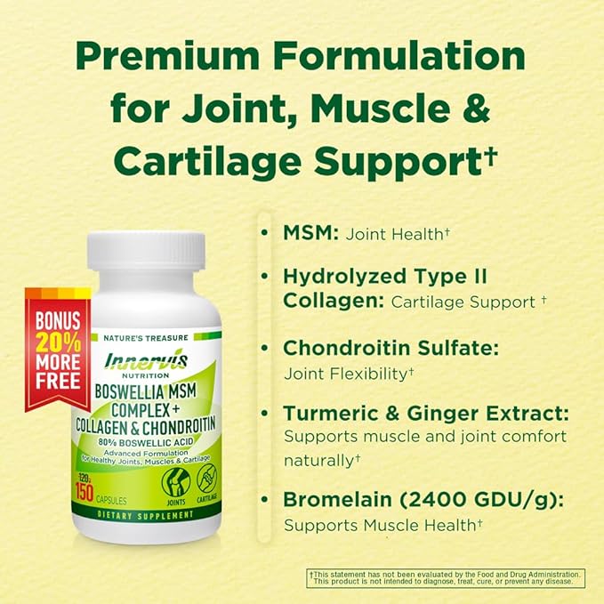 Boswellia MSM Complex + Collagen & Chondroitin | 80% Boswellic Acid | Joint Support Supplement for Mobility & Flexibility | Turmeric, Ginger, Bromelain, BioPerine® | 150 Capsules