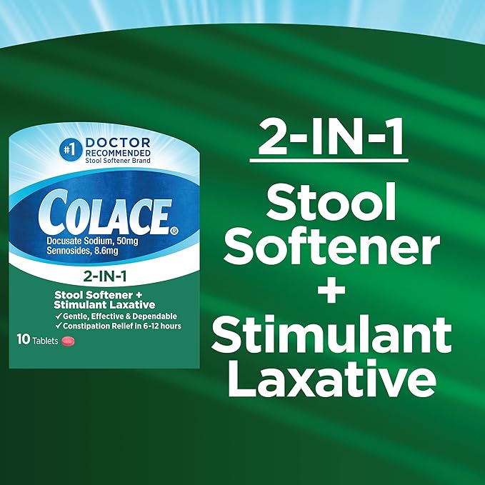 Colace 2-IN-1 Stool Softener & Stimulant Laxative Tablets, 10 Count, Gentle Constipation Relief In 6-12 Hours