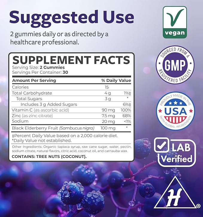 Vegan Sambucus Elderberry Gummies for Adults - Black Elderberry Vitamin C and Zinc Gummies for Daily and Seasonal Wellness - Delicious and Nutritious Immune Support Gummy (1 Month Supply)