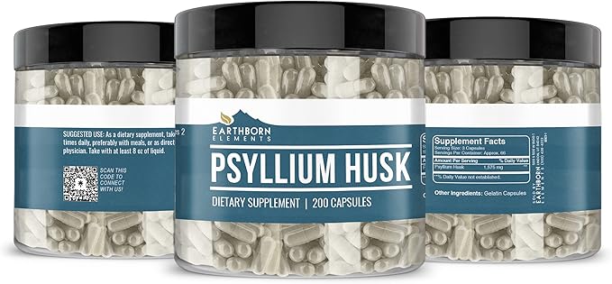 Earthborn Elements Psyllium Husk 200 Capsules, Pure & Undiluted, No Additives